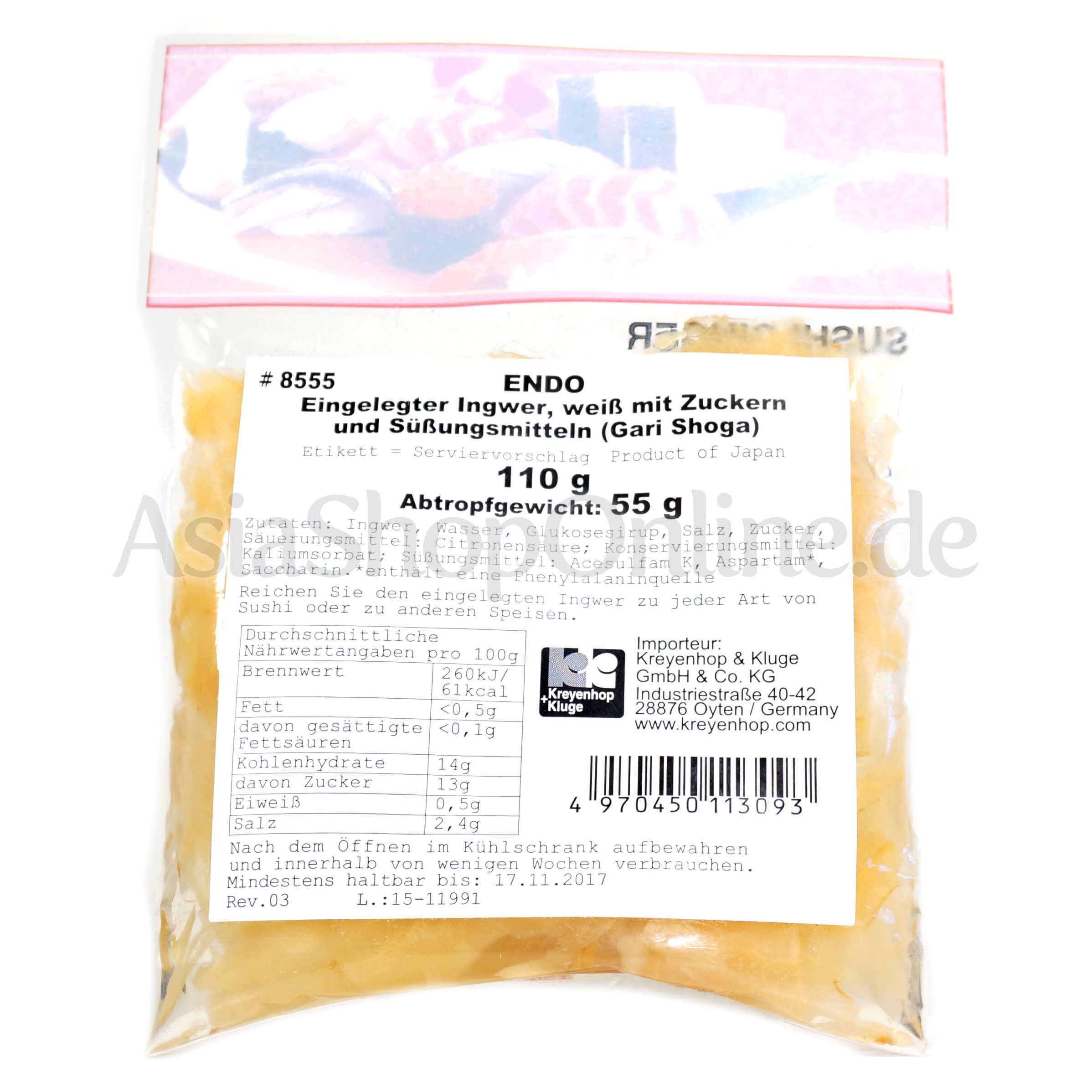 Eingelegter Ingwer Gari Shoga mit Zuckern und Süßungsmitteln - Endo - 55g